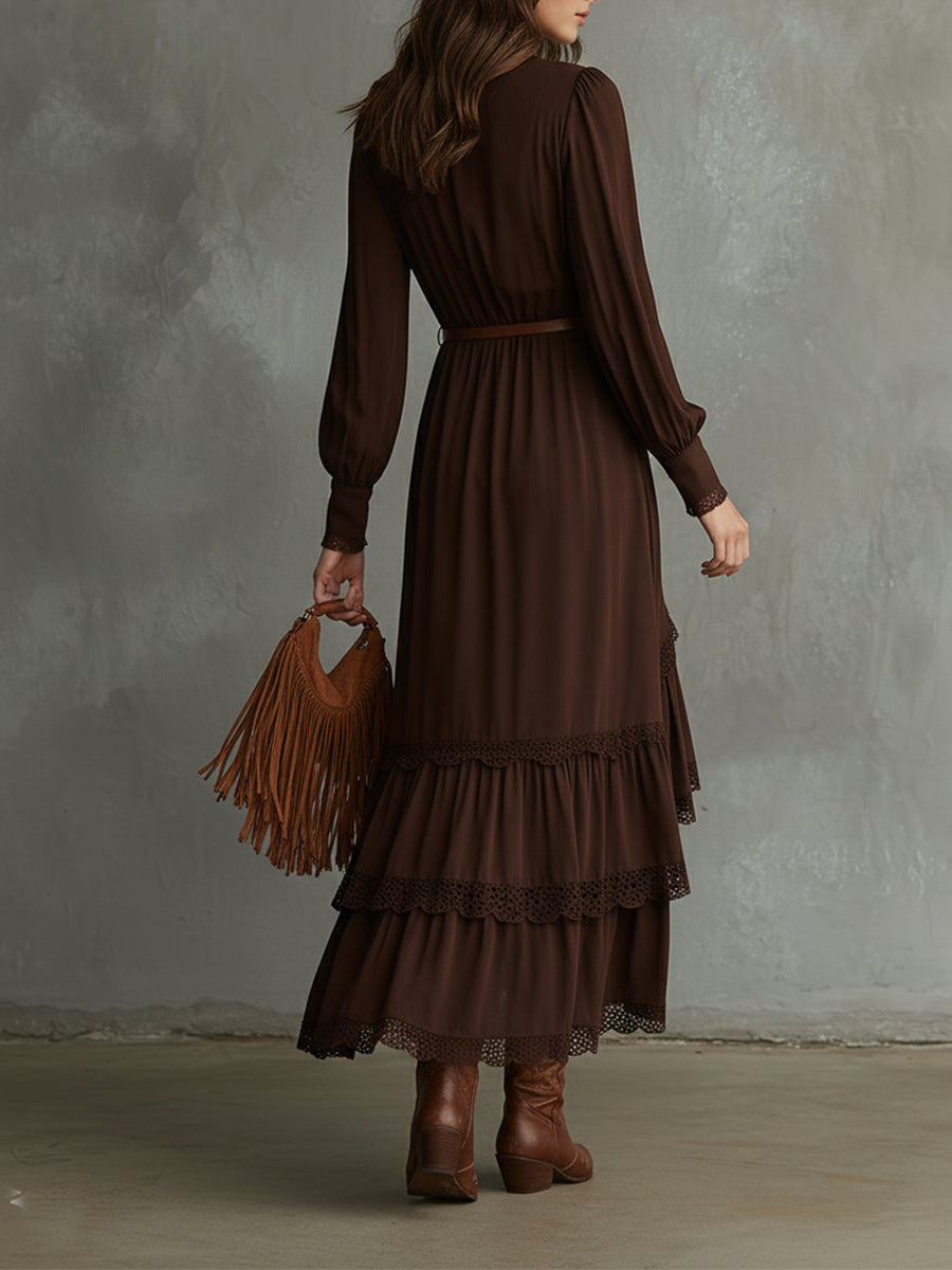 Bohemian Cotton-blend Lace Multi-layer Ruffle High-low Hem Maxi Dress