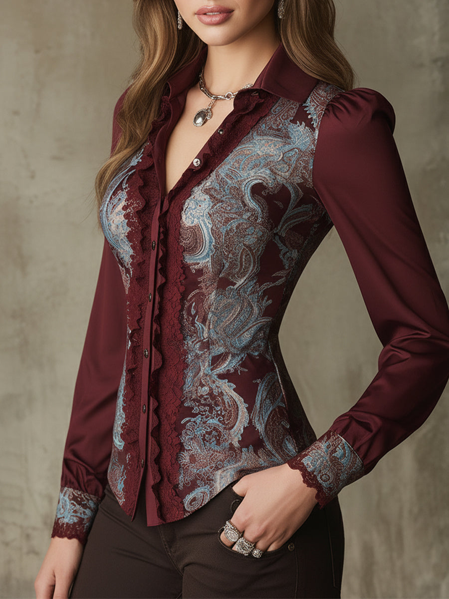 Retro Paisley Pattern Satin Lace Stitching Slim Fit Blouse