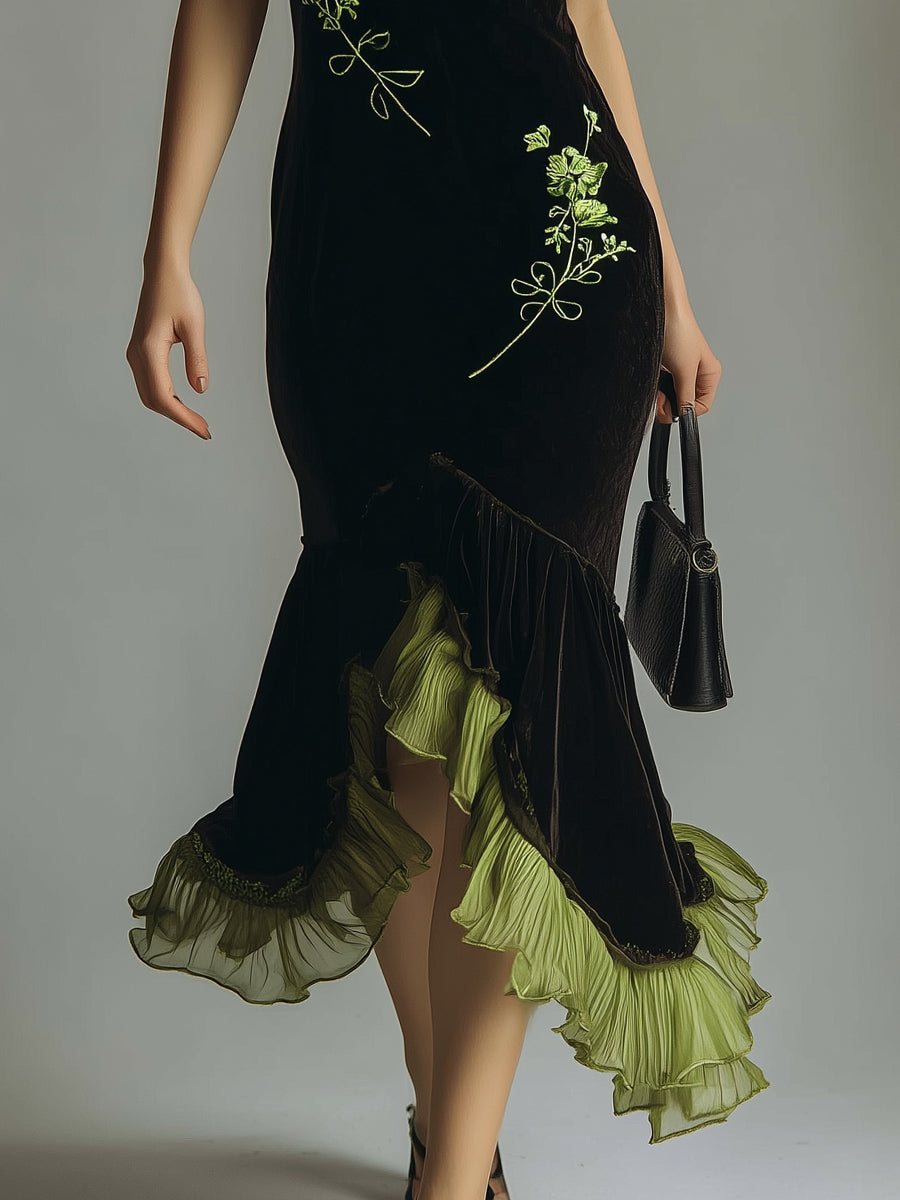 Embroidered Polyester Velvet Patchwork Fishtail Midi Slip Dress