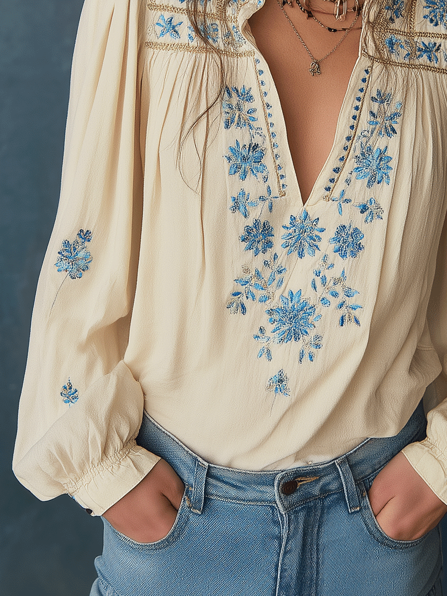 Embroidered Boho Blossom Peasant Blouse