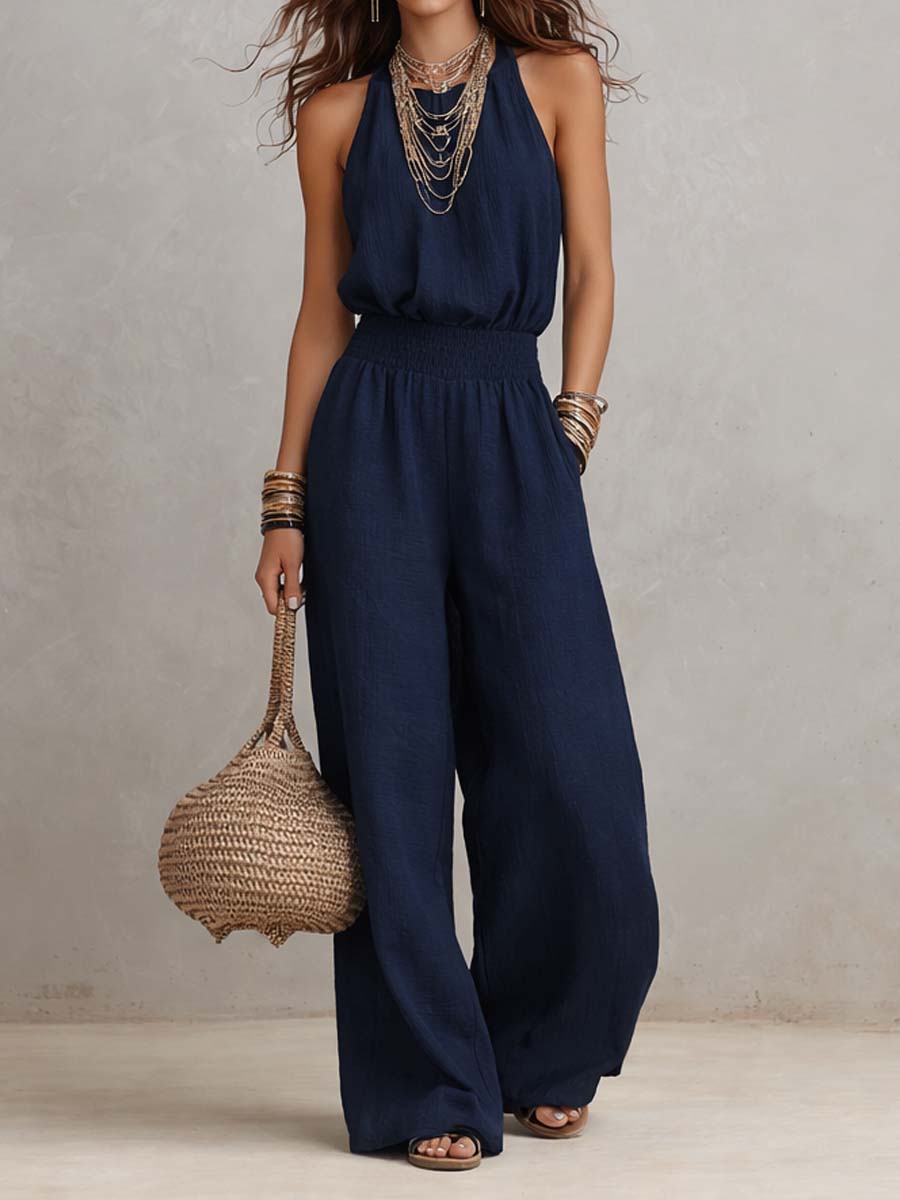 Tan Cotton Linen Halter Neck Smocked Waist Wide Leg Jumpsuit