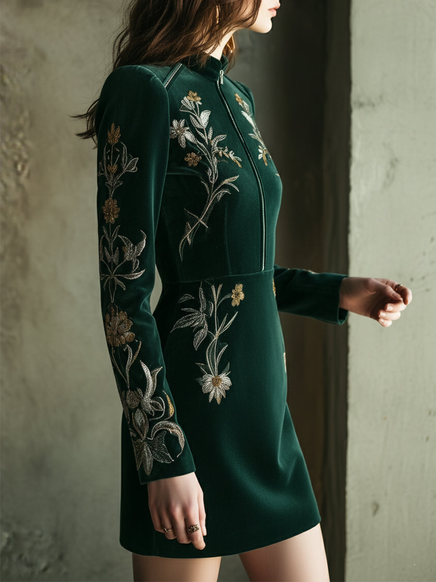 Quiet Luxury Embroidered Polyester Velvet Slim Mini Dress
