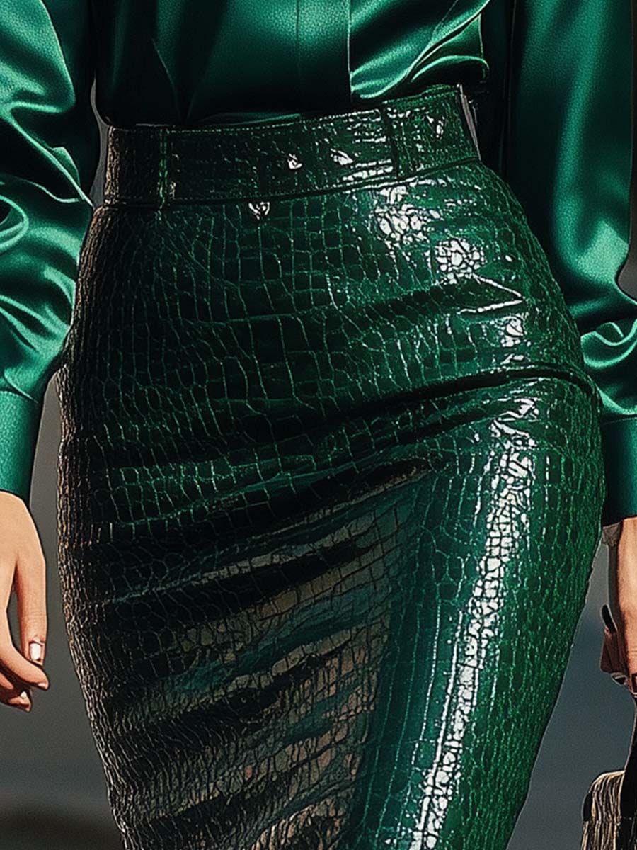 Emerald Croc-Effect Leather High-Rise Skirt