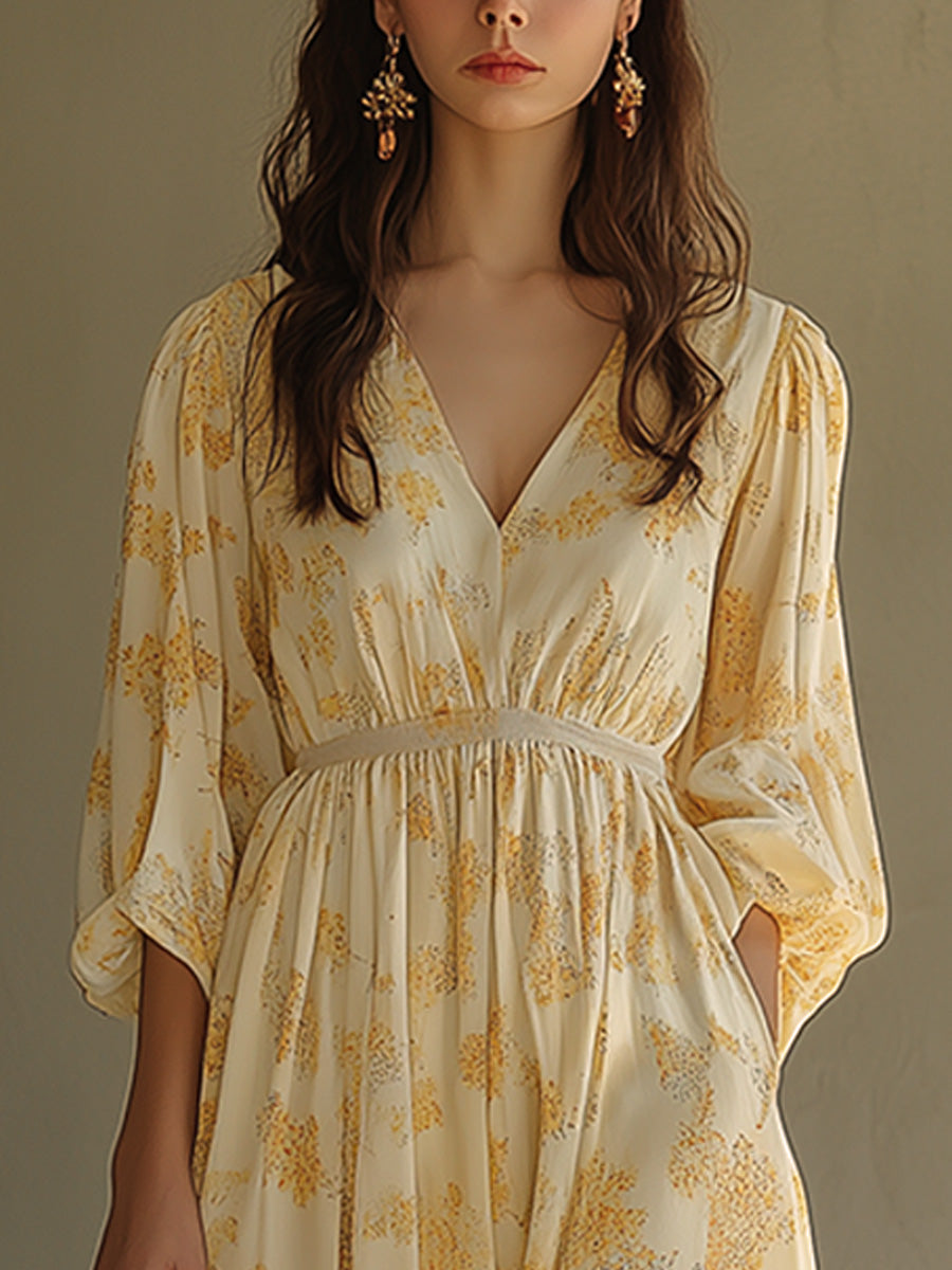 Casual V-neck Bohemian Yellow Floral Maxi Dress