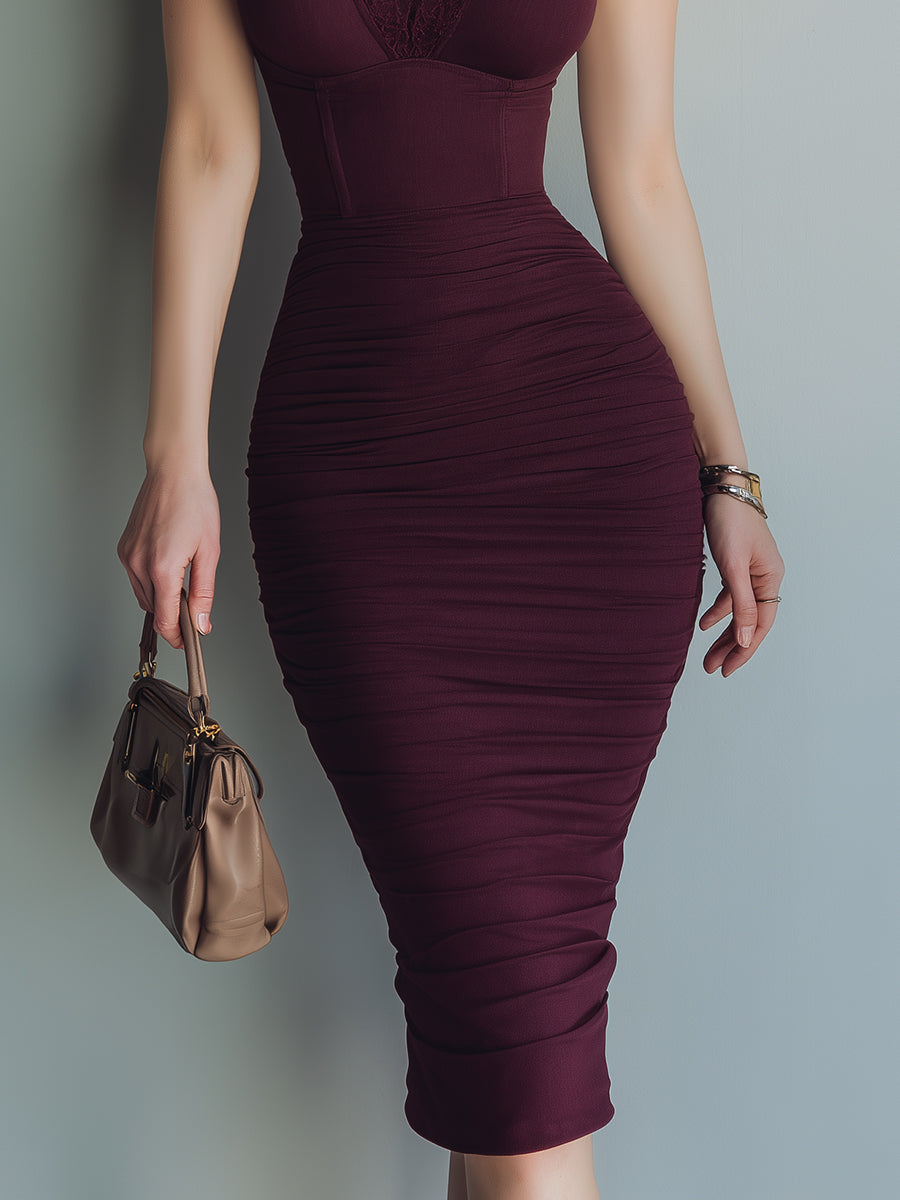 Elegant Keyhole Collar Hip Midi Dress With Lace