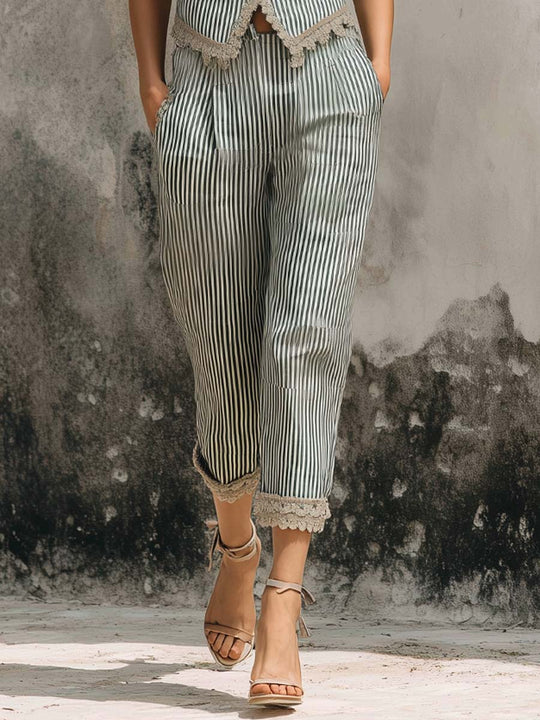 Classic Beige Green Striped Vest & Cropped Pants Two-Piece Set