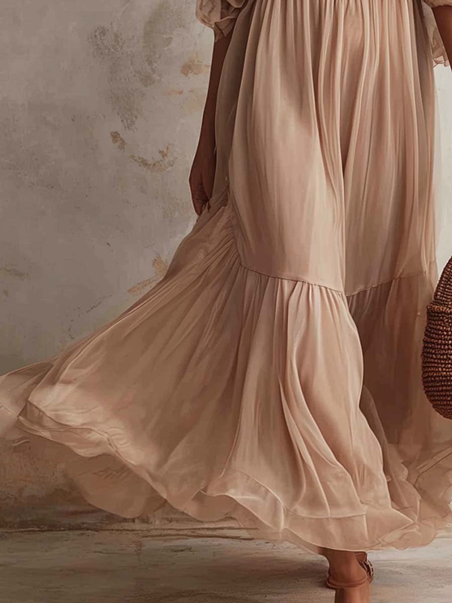Retro Cold-shoulder Chiffon Midi Dress