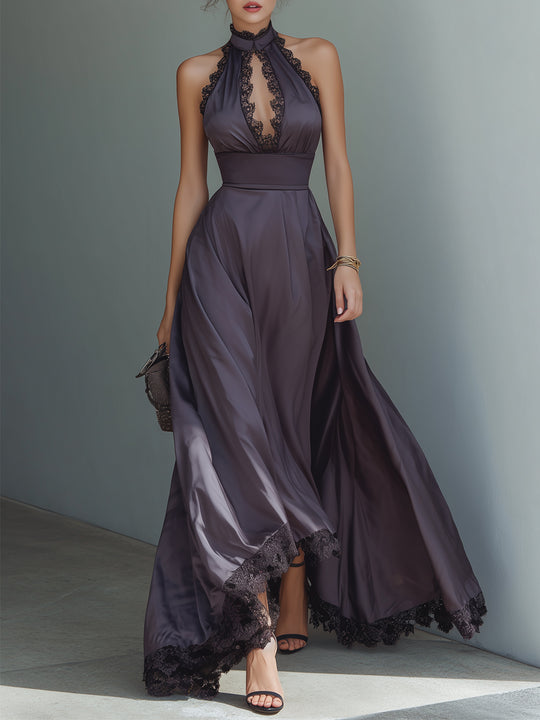 Elegant Keyhole Collar Satin Gown Maxi Dress