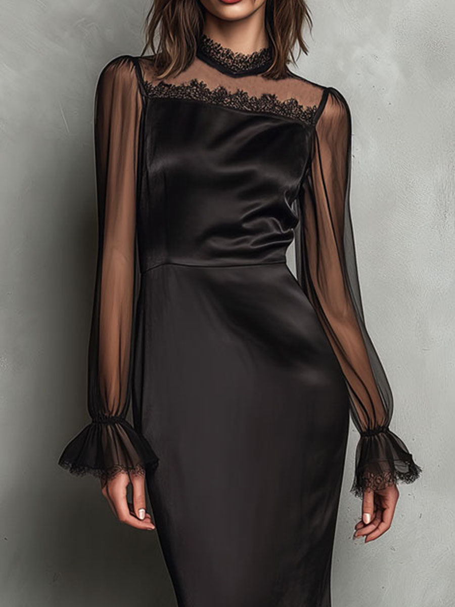 Elegant Black Satin Sheer Long Sleeve  Lace Trim Cocktai Midi Dress