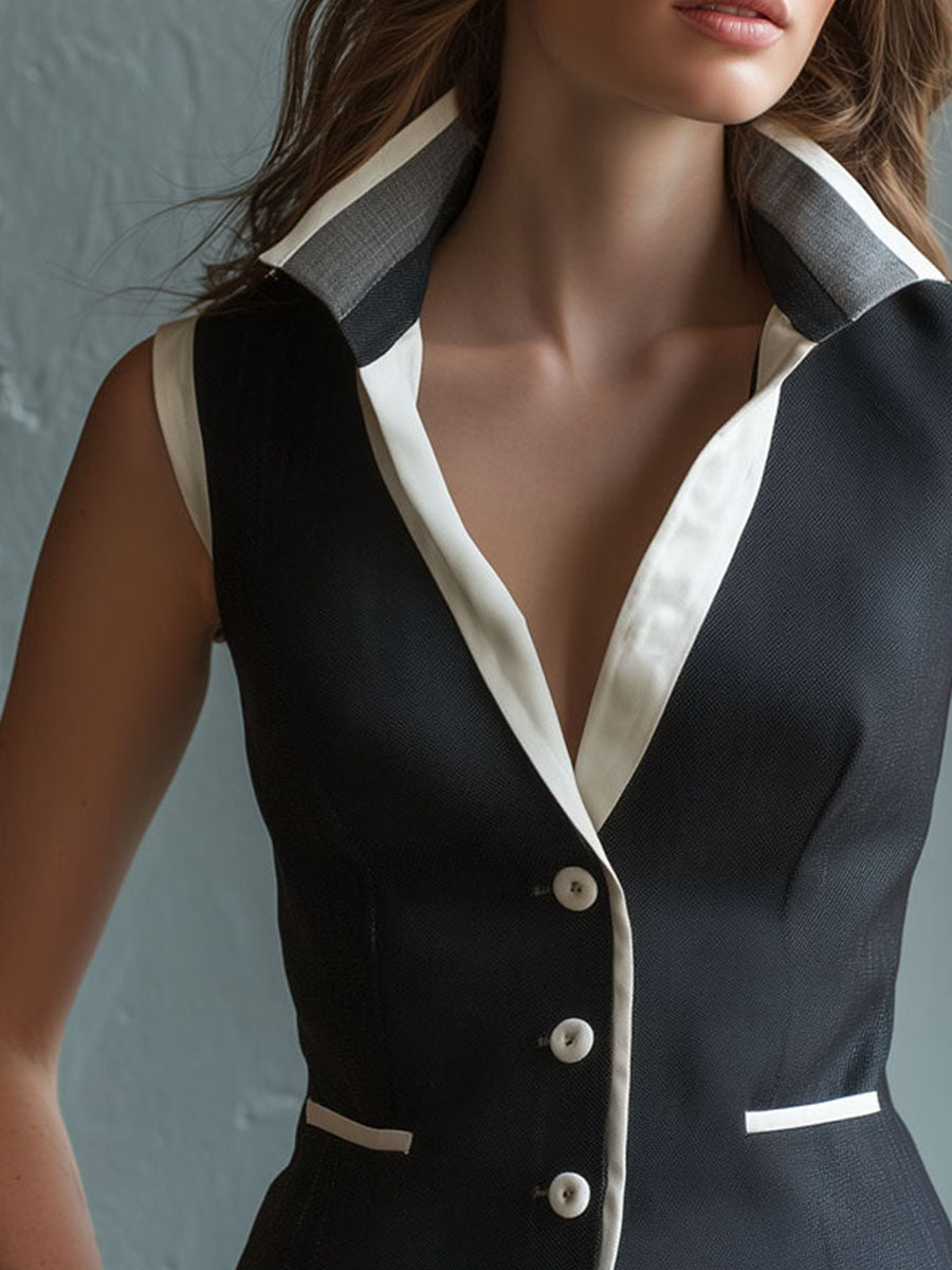 Sleek Black & White Contrast Button-Front Tailored Waistcoat