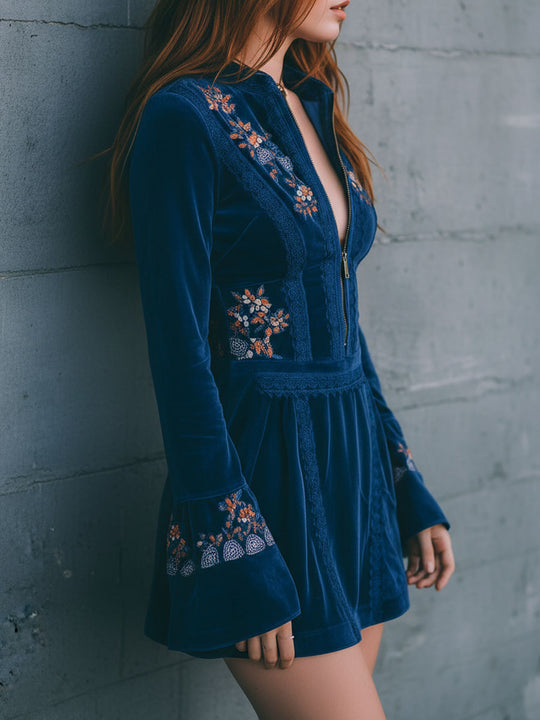 Boho Blue Velvet Zipper Front Lace Trim Embroidered Mini Dress