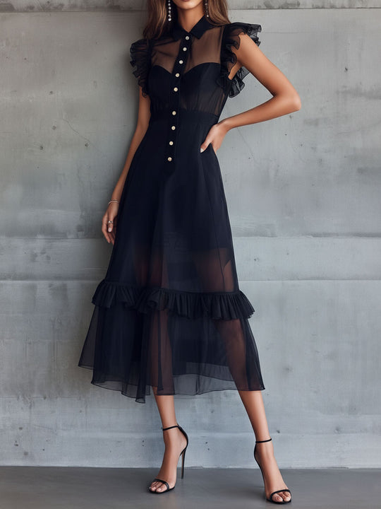Elegant Sheer Black Chiffon Ruffle-Trim Midi Dress