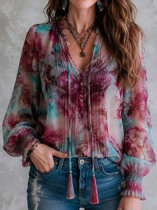 Boho Floral Print Tassel Tie Smocked Cuff Long Sleeve Blouse