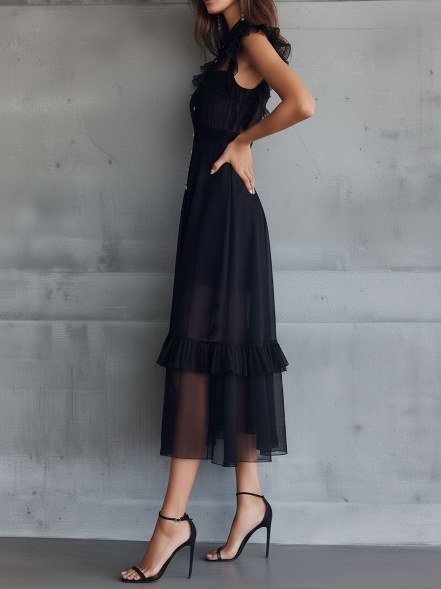 Elegant Sheer Black Chiffon Ruffle-Trim Midi Dress