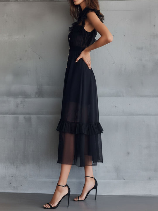 Elegant Sheer Black Chiffon Ruffle-Trim Midi Dress