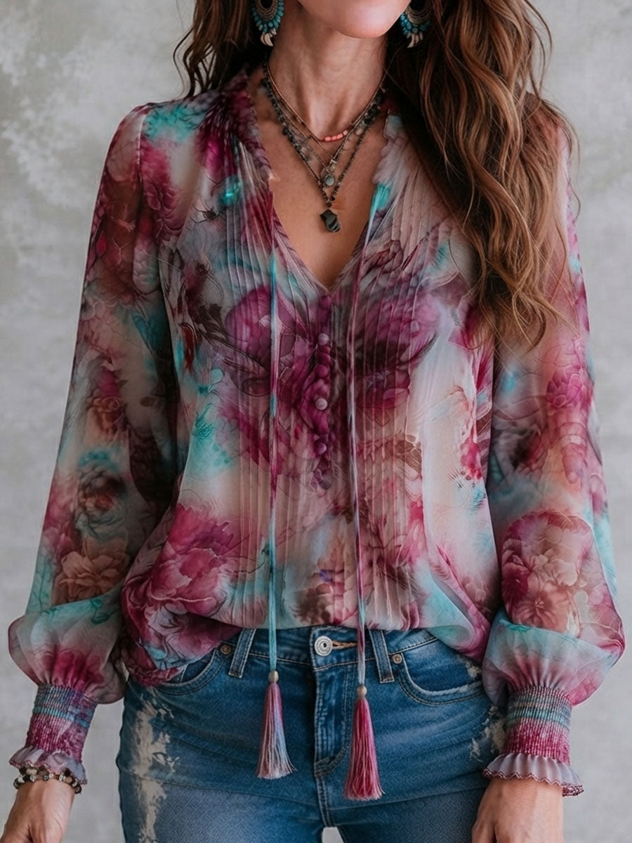 Boho Floral Print Tassel Tie Smocked Cuff Long Sleeve Blouse