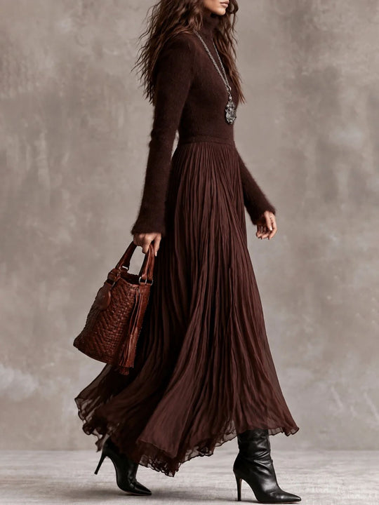 Boho Chocolate Brown Fuzzy Turtleneck Knit Maxi Dress With Pleated Chiffon Skirt