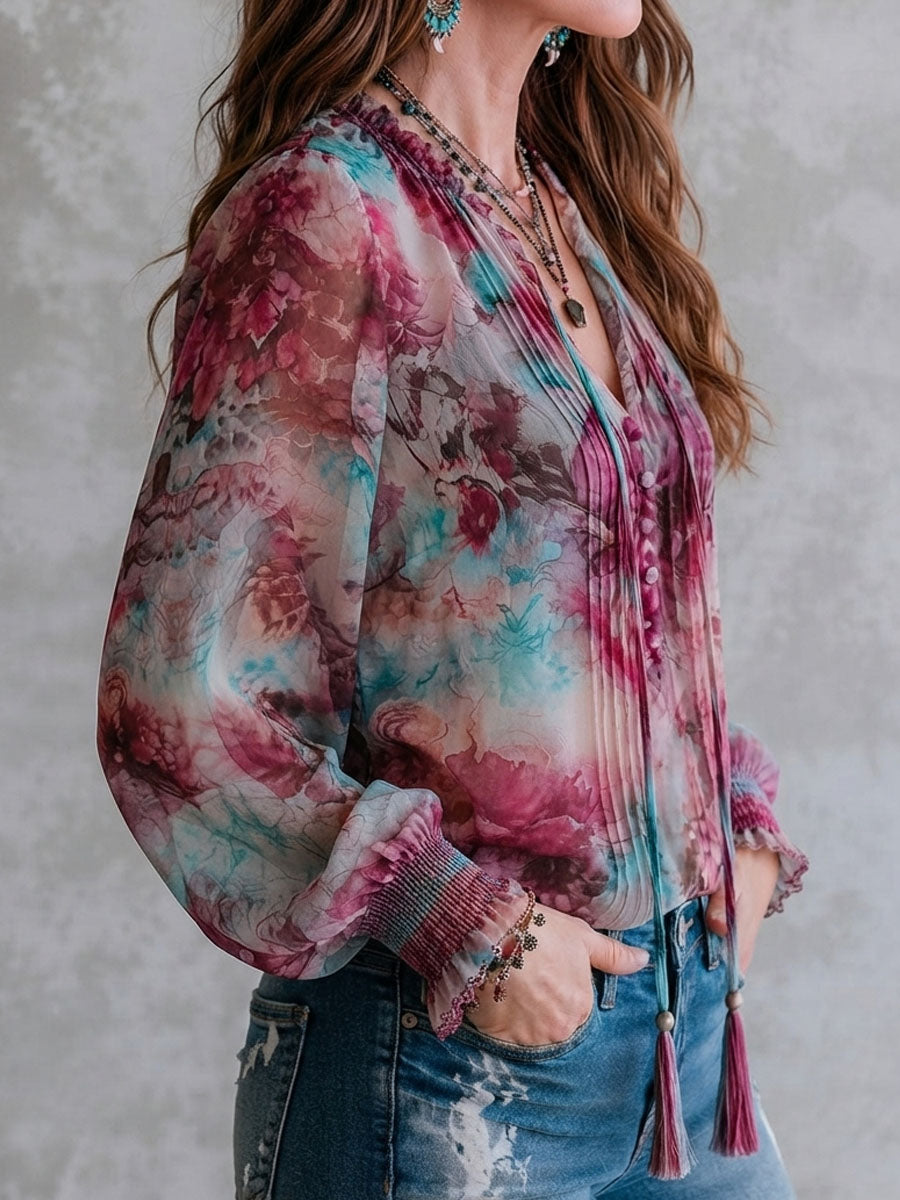 Boho Floral Print Tassel Tie Smocked Cuff Long Sleeve Blouse