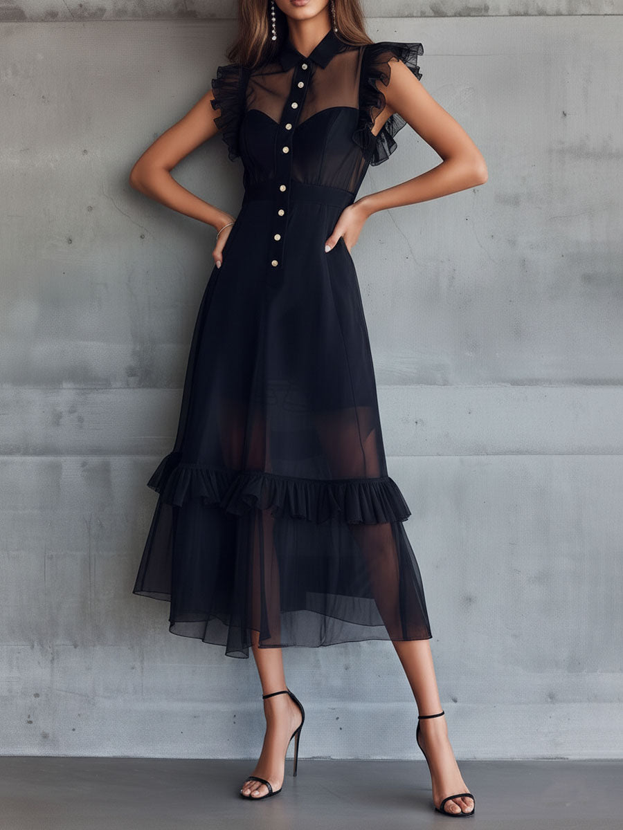 Elegant Sheer Black Chiffon Ruffle-Trim Midi Dress