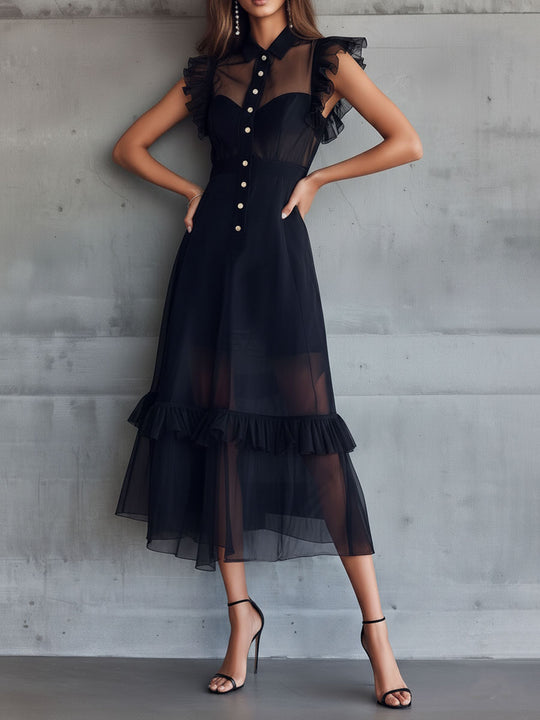 Elegant Sheer Black Chiffon Ruffle-Trim Midi Dress