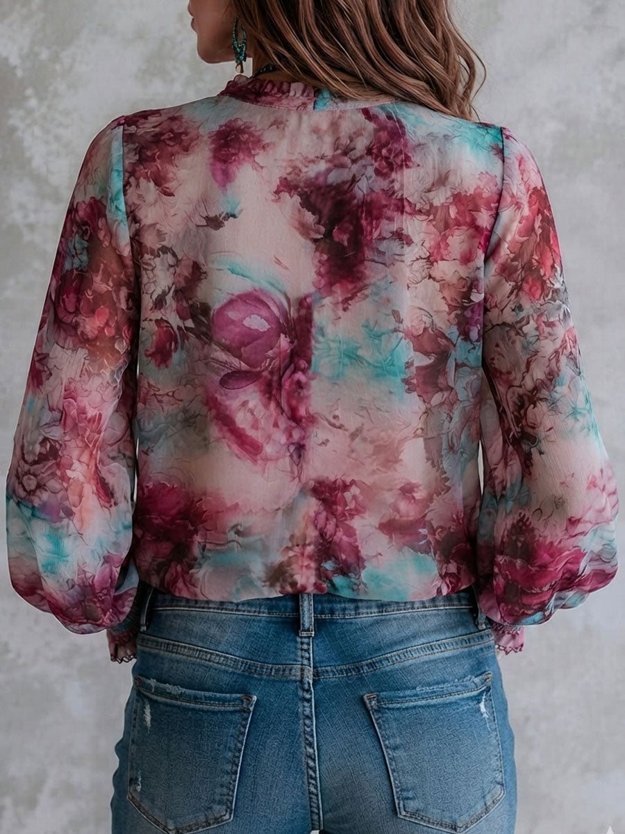 Boho Floral Print Tassel Tie Smocked Cuff Long Sleeve Blouse