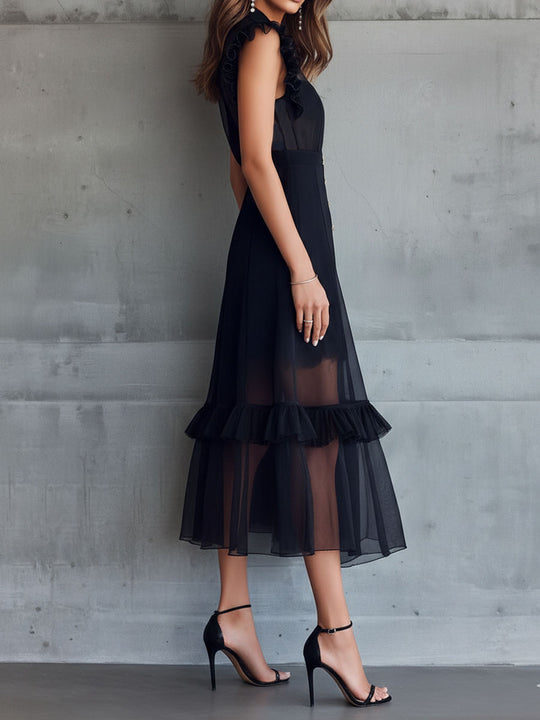 Elegant Sheer Black Chiffon Ruffle-Trim Midi Dress