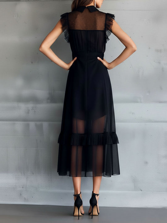 Elegant Sheer Black Chiffon Ruffle-Trim Midi Dress