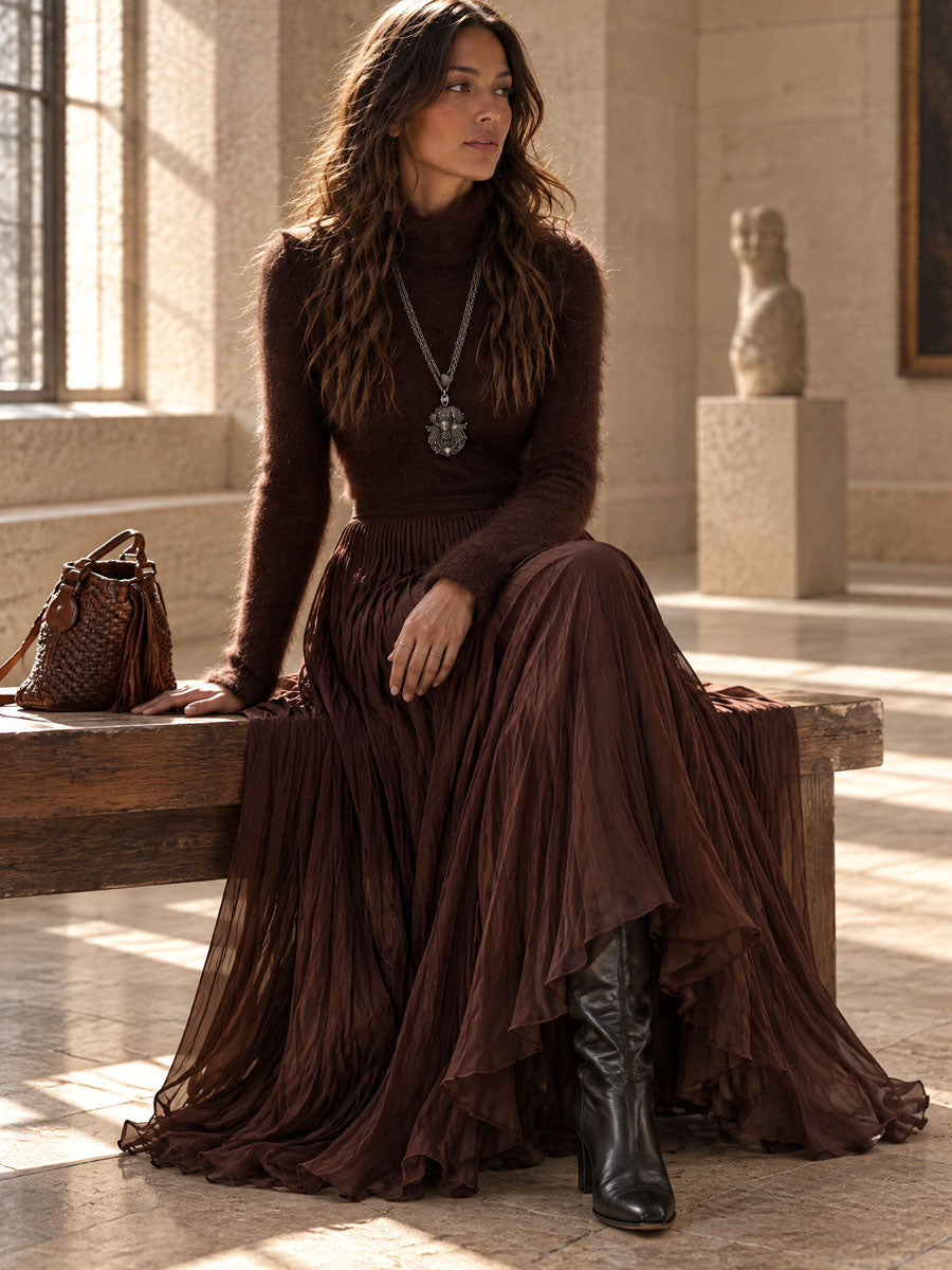Boho Chocolate Brown Fuzzy Turtleneck Knit Maxi Dress With Pleated Chiffon Skirt