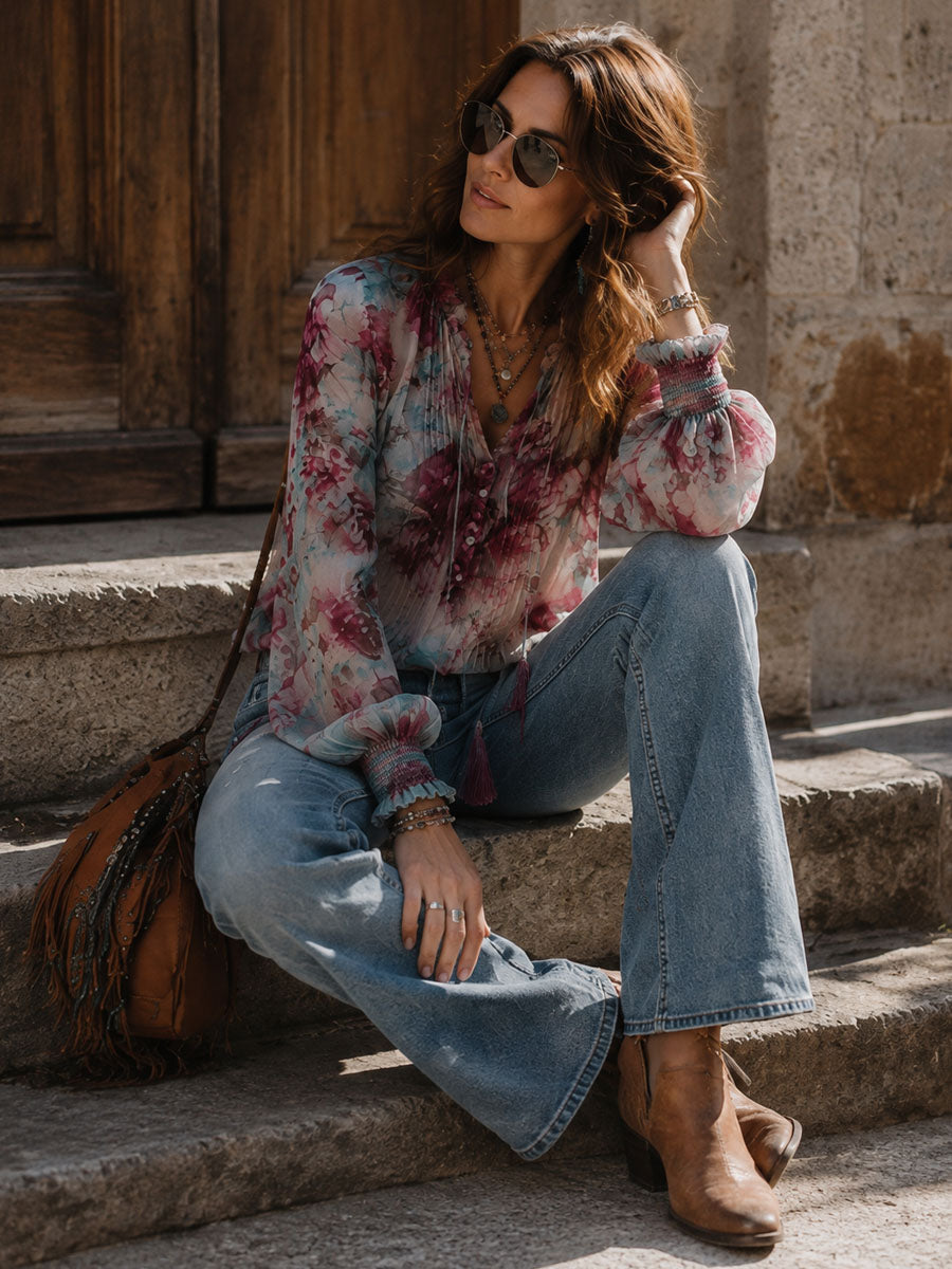 Boho Floral Print Tassel Tie Smocked Cuff Long Sleeve Blouse