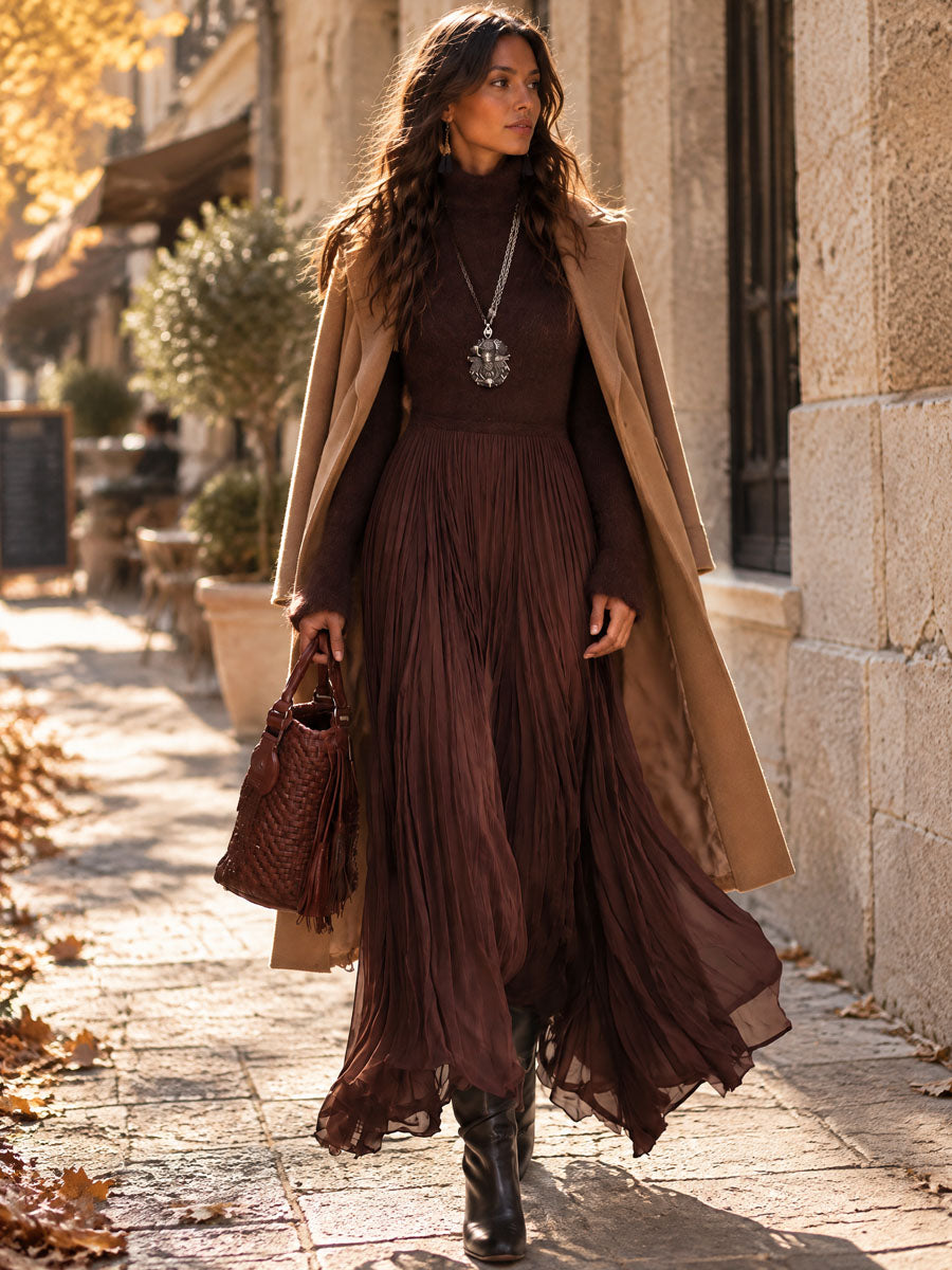 Boho Chocolate Brown Fuzzy Turtleneck Knit Maxi Dress With Pleated Chiffon Skirt