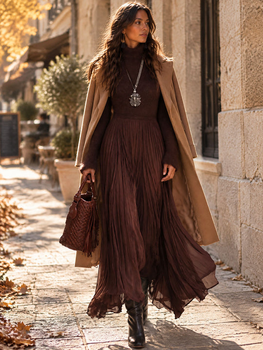 Boho Chocolate Brown Fuzzy Turtleneck Knit Maxi Dress With Pleated Chiffon Skirt