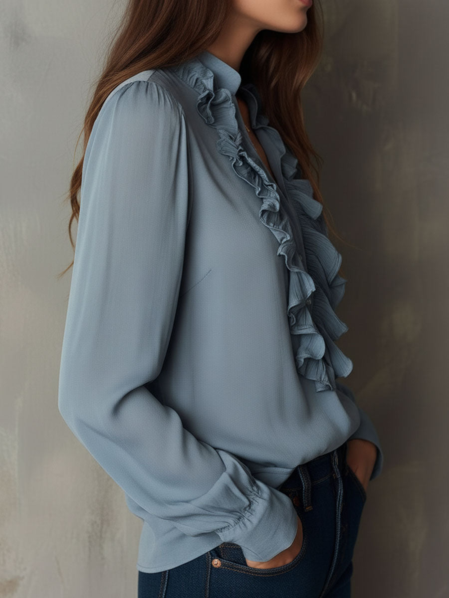Dusty Blue Ruffle Front V-Neck Button Chiffon Blouse – Futario
