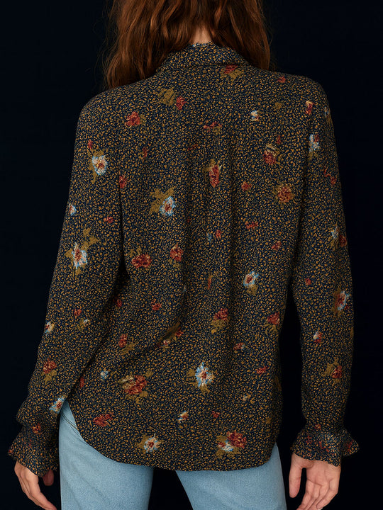 Retro Floral Print Curved Hem Ruffled Sleeves Blouse