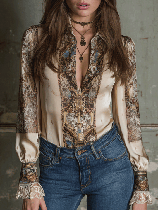 Elegant Champagne Satin Lace Details Blouse