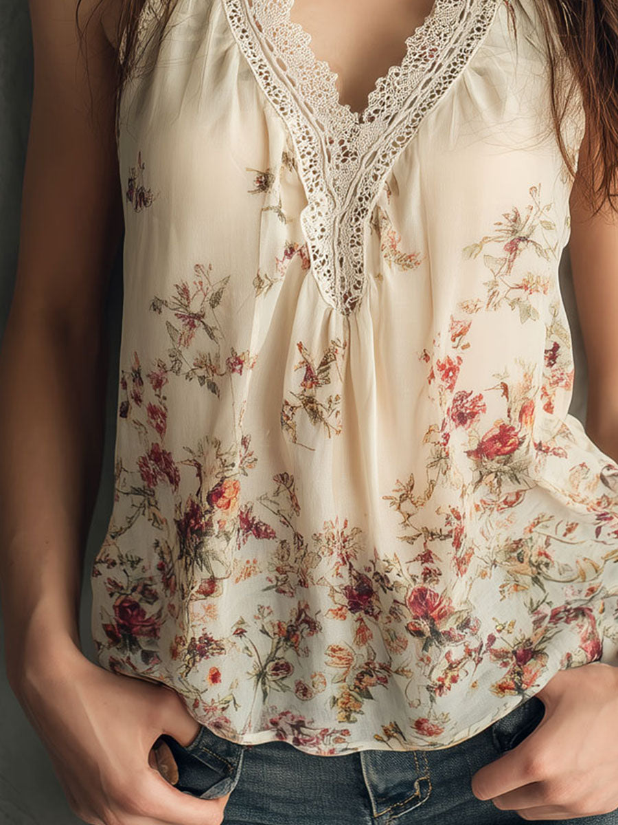 Romantic Floral Lace Trim Sleeveless Cream Chiffon Blouse
