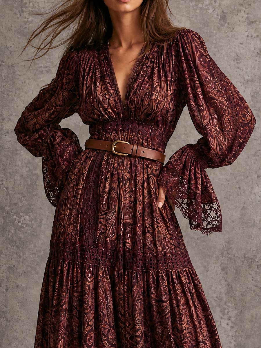 Vintage Paisley Lace Tiered Maxi Dress