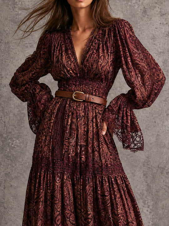 Vintage Paisley Lace Tiered Maxi Dress