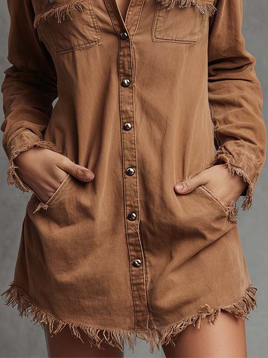 Pure-Cotton Denim Shirt Dress With Raw-Edge Trim