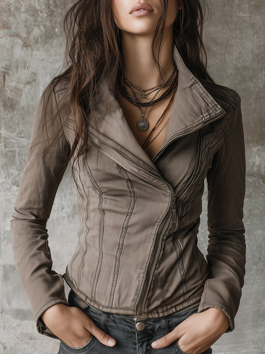 Bohemian Washed Diagonal Placket Denim Jacket