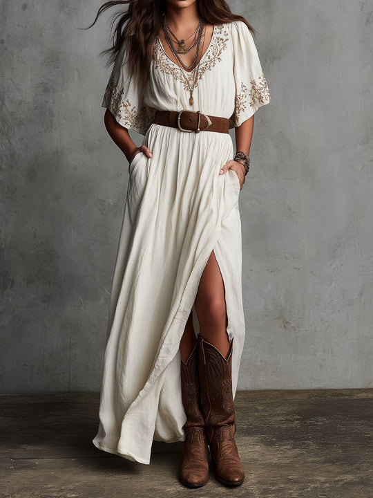 Boho Ivory Embroidered Maxi Dress With Side Slit