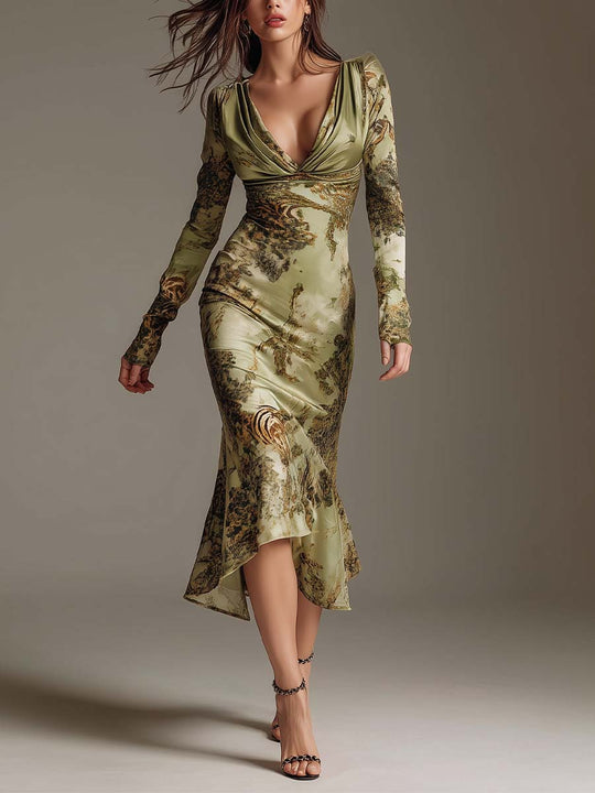 Sage Moss Printed Stretch Satin Midi Dress