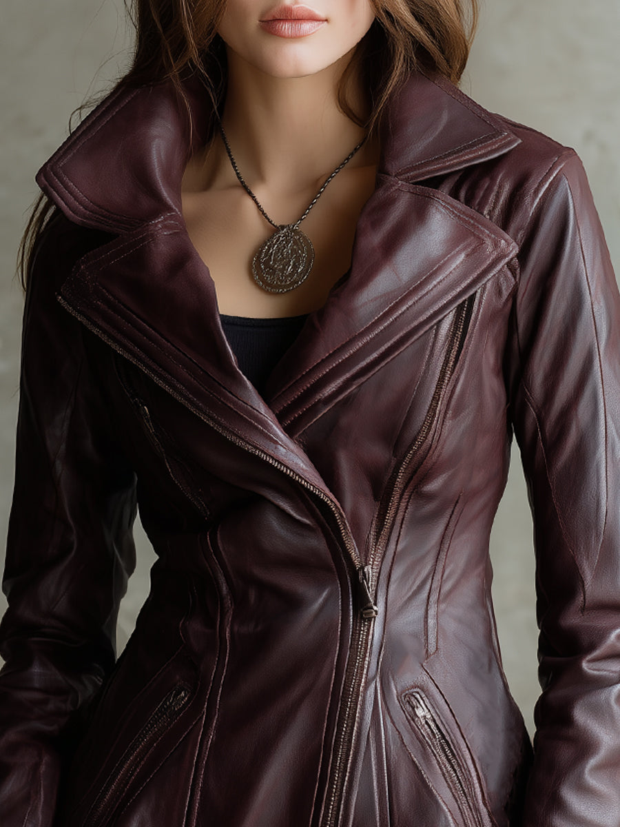 Vintage Eco-friendly Leather Lace Trim Diagonal Placket Jacket