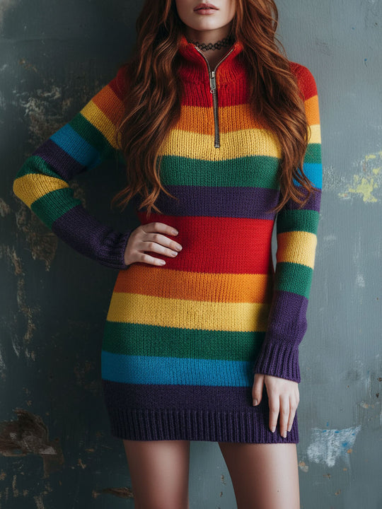 Retro Rainbow Stripe Knit Zip-Up Sweater Mini Dress