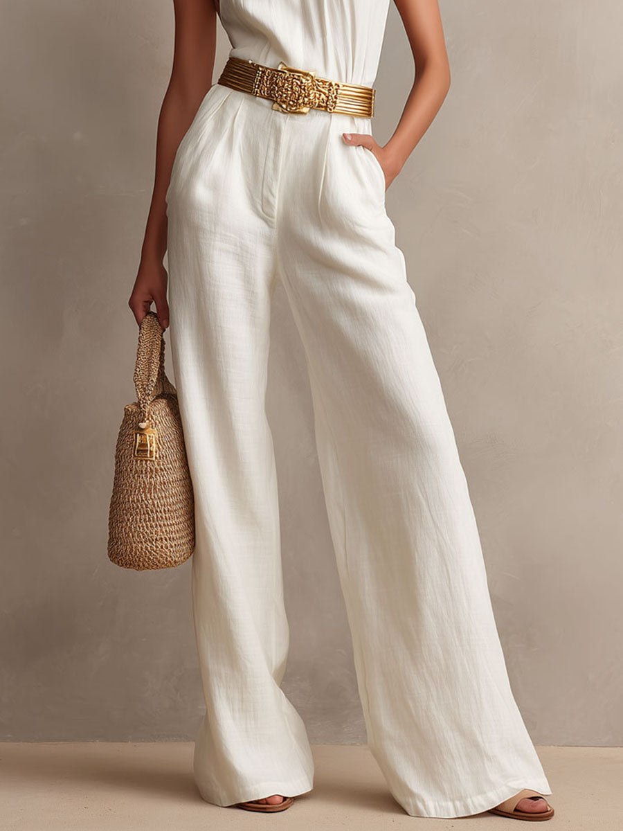 Vintage Boho White Halter Wide-Leg One Piece Jumpsuit