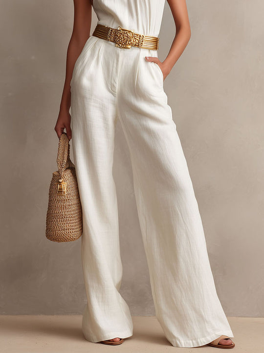 Vintage Boho White Halter Wide-Leg One Piece Jumpsuit