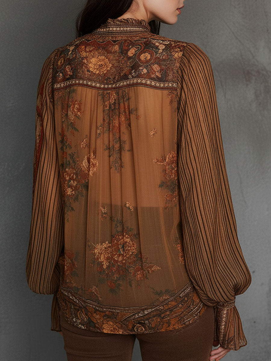 Vintage Boho Sheer Floral Blouse With Billowy Sleeves