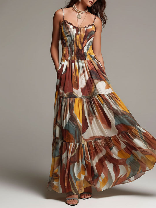 Boho Abstract Multicolor Smocked Bodice Maxi Dress