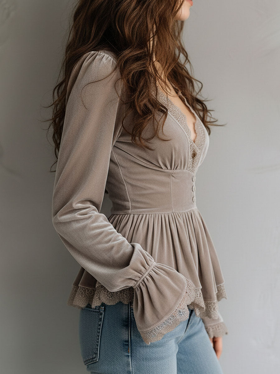 Romantic Taupe Velvet Lace-Trim Peplum Blouse With Pearl Button