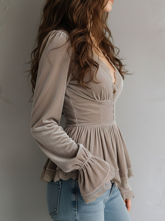 Romantic Taupe Velvet Lace-Trim Peplum Blouse With Pearl Button