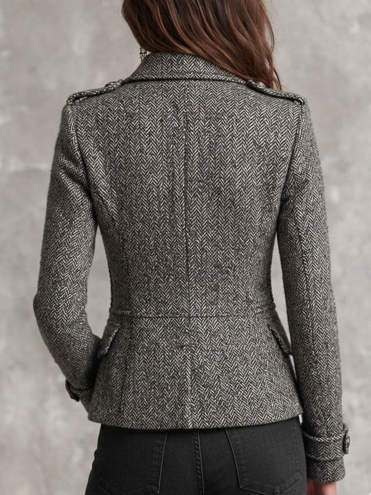 Grey Herringbone Tweed Breasted Button Fitted Blazer